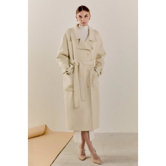 NWT Endless Rose HANDMADE Wool BELTED MAXI COAT Double Breasted Cream XS Small - Picture 1 of 14